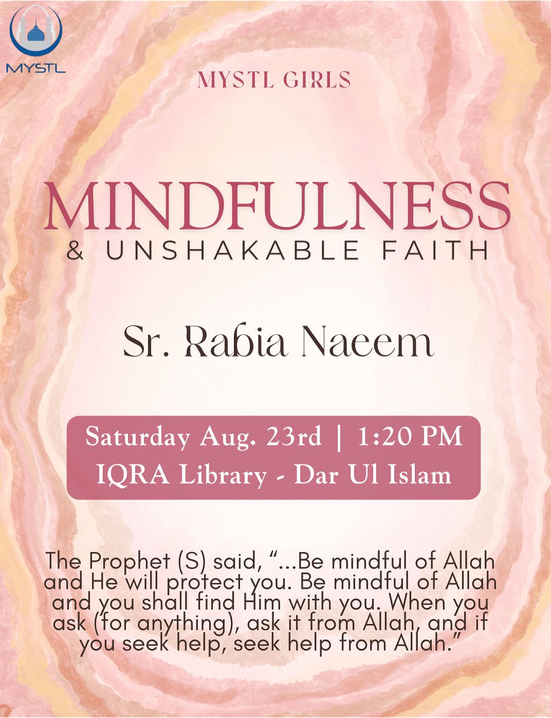 Join MYSTL Girls THIS Saturday as we delve into the concept of rizq with Sr. Fareha Khan. Refreshments included! See you all there, inshAllah! 😊 Details below: 📆 Saturday, Aug. 30th ⏰ 1:20 PM 📍Dar Ul Islam- Iqra Library