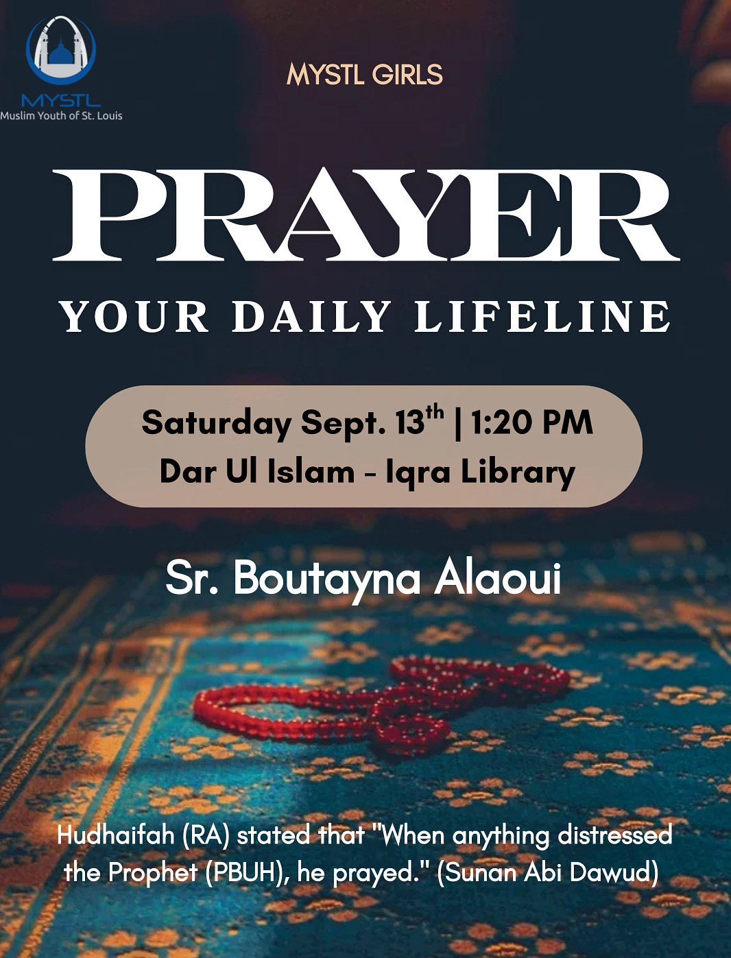 Join MYSTL Girls THIS Saturday as we delve into the concept of rizq with Sr. Fareha Khan. Refreshments included! See you all there, inshAllah! 😊 Details below: 📆 Saturday, Aug. 30th ⏰ 1:20 PM 📍Dar Ul Islam- Iqra Library