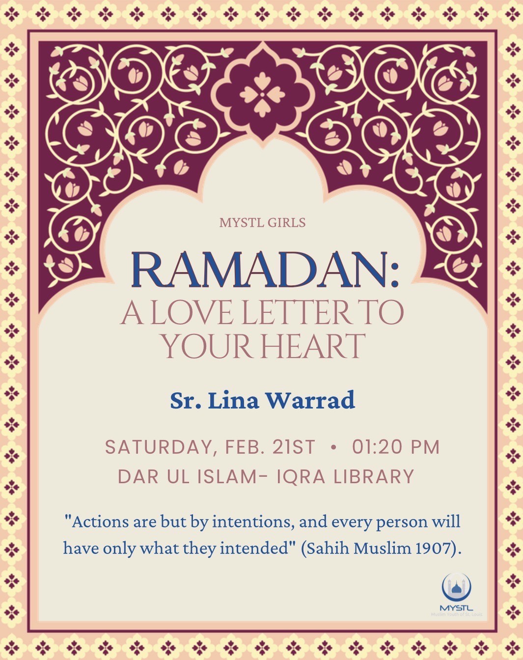 Join MYSTL Girls THIS Saturday as we delve into the concept of rizq with Sr. Fareha Khan. Refreshments included! See you all there, inshAllah! 😊 Details below: 📆 Saturday, Aug. 30th ⏰ 1:20 PM 📍Dar Ul Islam- Iqra Library