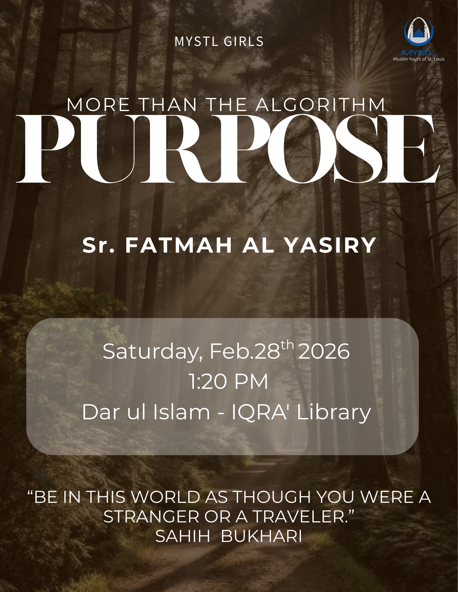 Join MYSTL Girls THIS Saturday as we delve into the concept of rizq with Sr. Fareha Khan. Refreshments included! See you all there, inshAllah! 😊 Details below: 📆 Saturday, Aug. 30th ⏰ 1:20 PM 📍Dar Ul Islam- Iqra Library